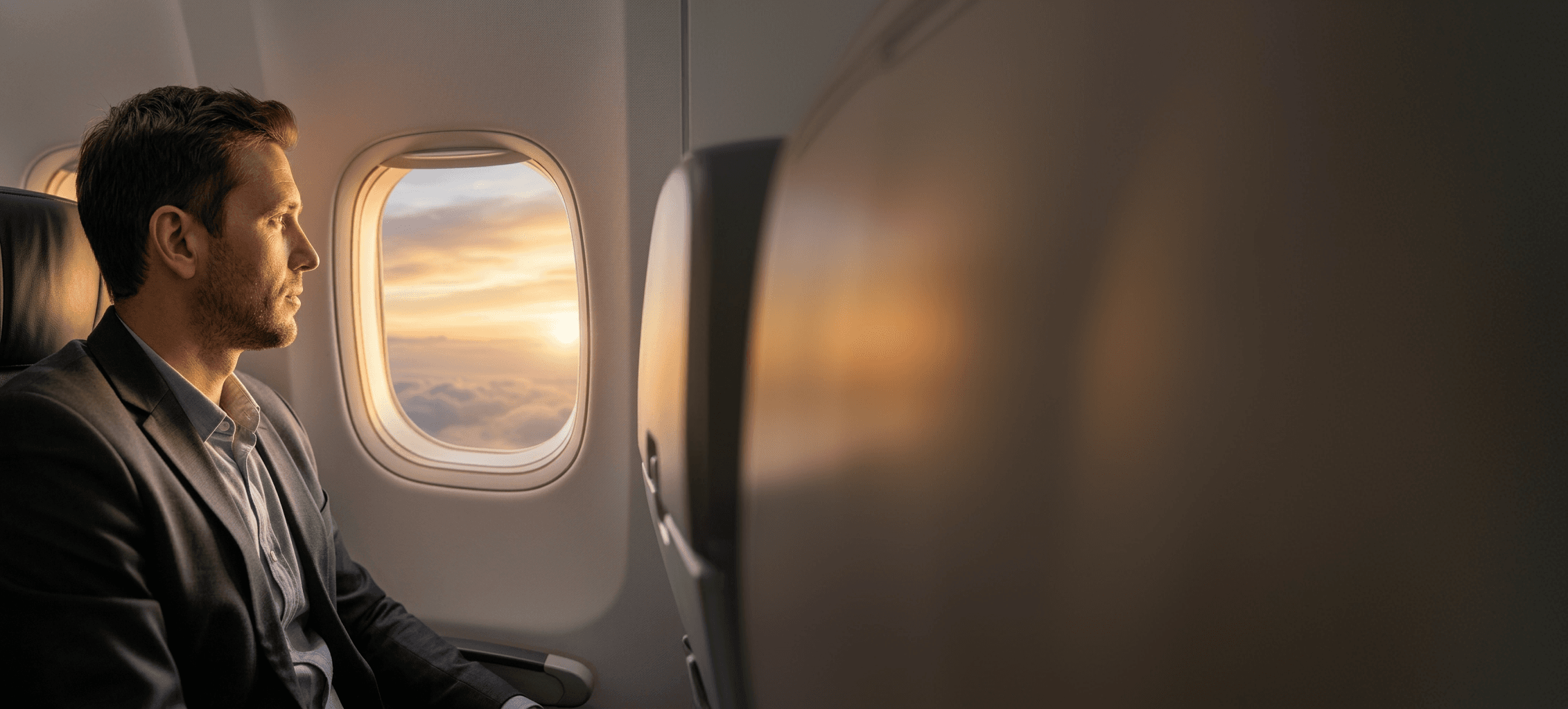 Traveller looking out of an airplane window